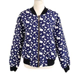 XIMENG YUETONG NAVY WHITE RABBIT NOVELTY PRINT QUIRKY ZIP UP BOMBER JACKET - L
